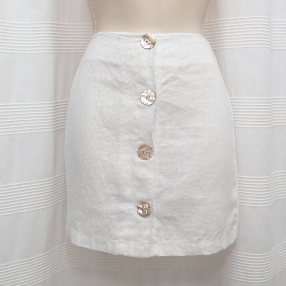 White Linen Mini Skirt with Real Mother of Pearl Buttons